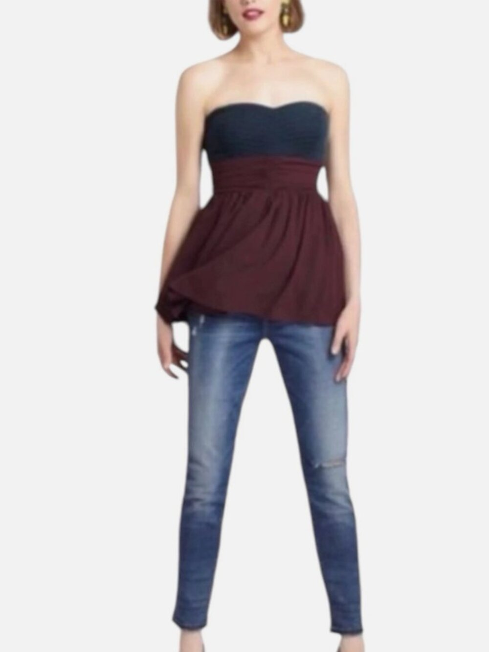 New Anthropologie Maeve Corset Peplum Smocked‎ Top Size 10 Flowy Chiffon Velour